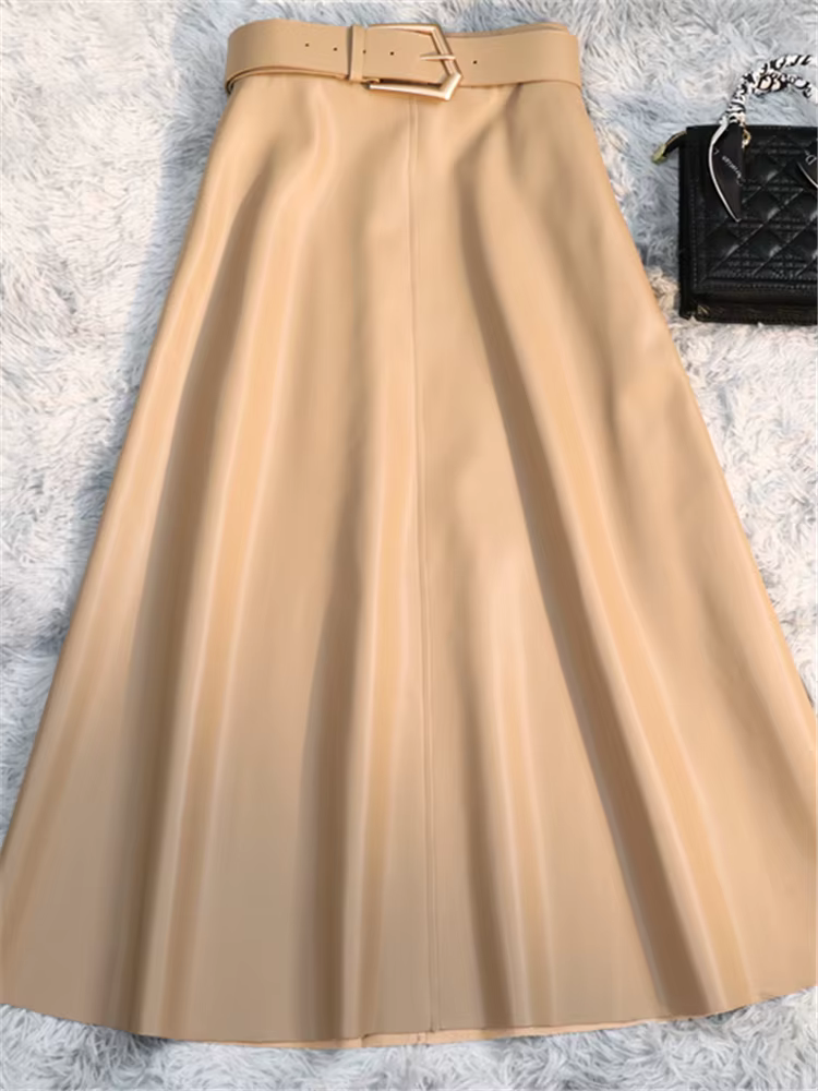 REALEFT classique Faux cuir PU jupes longues avec ceinture nouvelle taille haute mode parapluie jupe