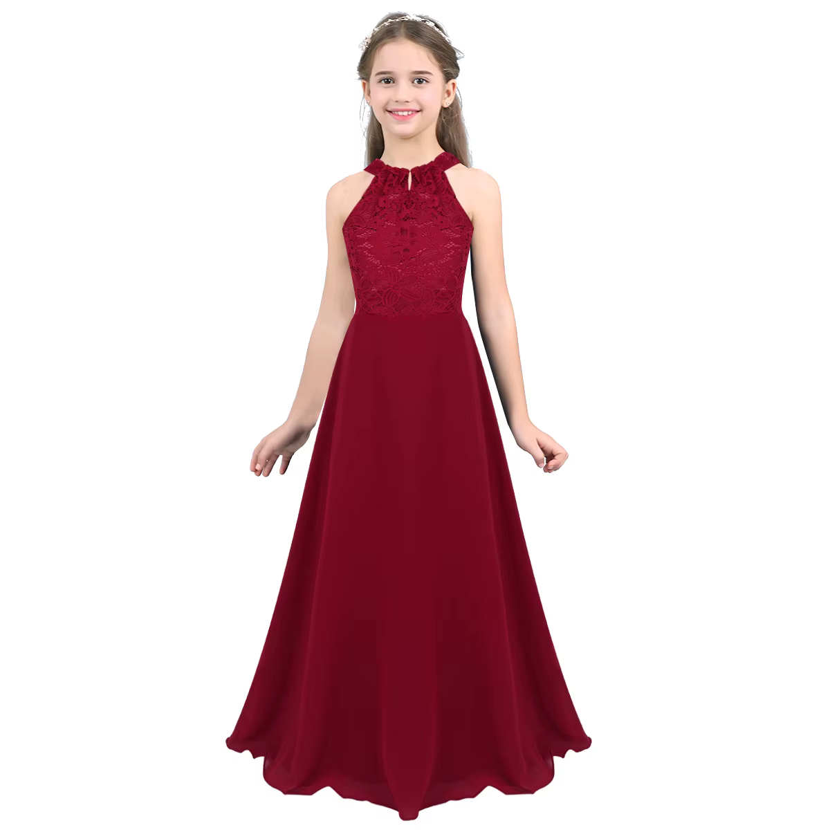 Robe longue en dentelle florale pour filles, robe de princesse élégante, col licou, fête d'anniversa