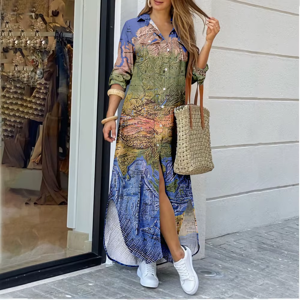 Robes longues pour femmes, motif de carte du monde transfrontalier, imprimé, col chemise, mode, gran