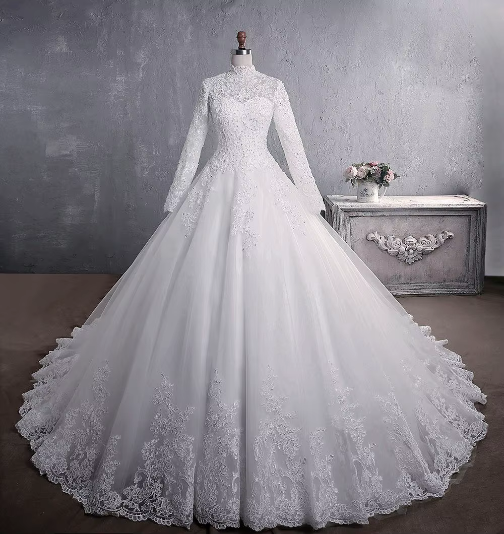 Robe De mariée musulmane élégante, col haut avec traîne, robe De mariée princesse De luxe en dentell