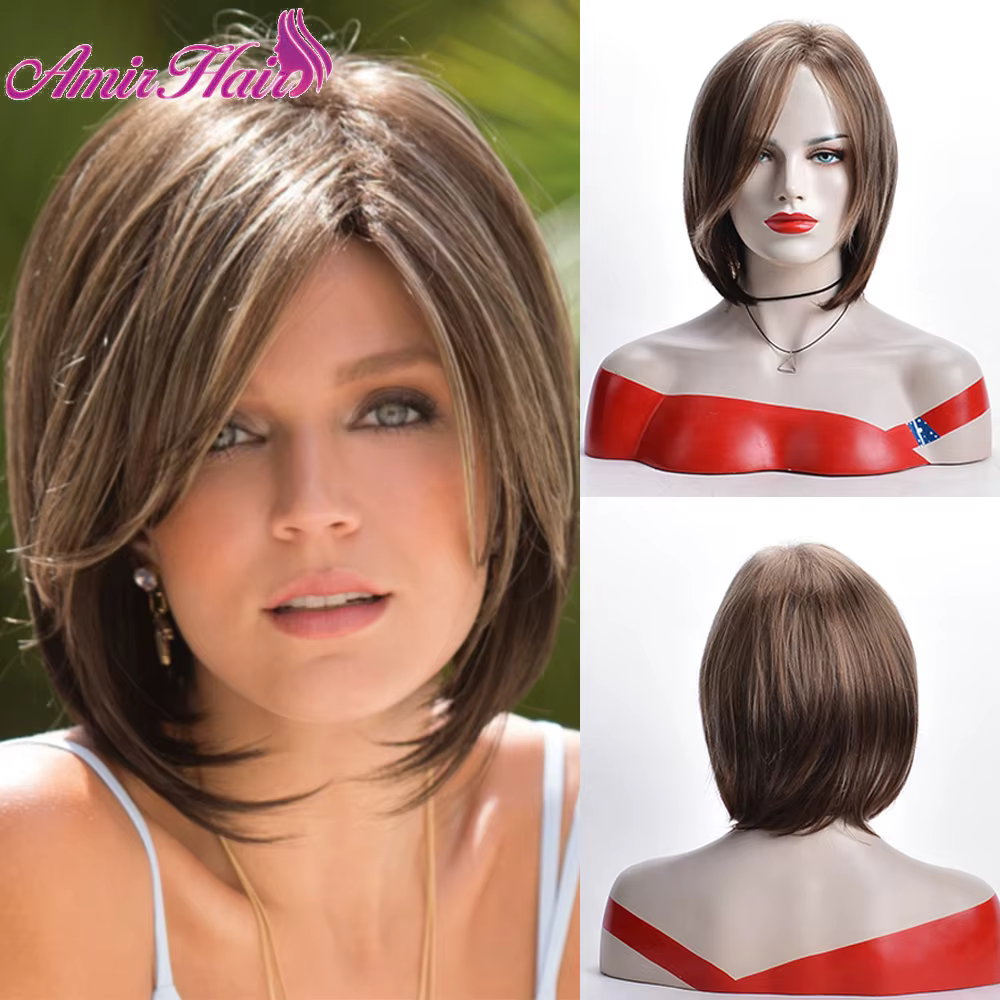 Amir – perruque Bob synthétique courte, cheveux lisses avec frange latérale, couleur mixte, Fiber ré