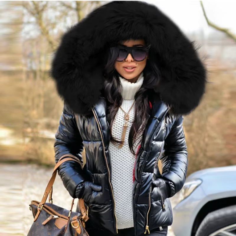Veste Parka à capuche avec col en fourrure épaisse pour femme, manteau court décontracté avec fermet