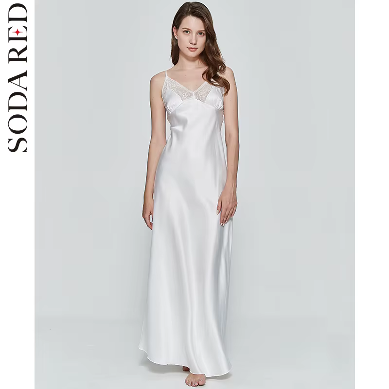 Robe de nuit longue sexy pour femme en soie artificielle satinée, nuisette de nuit à décolleté plong