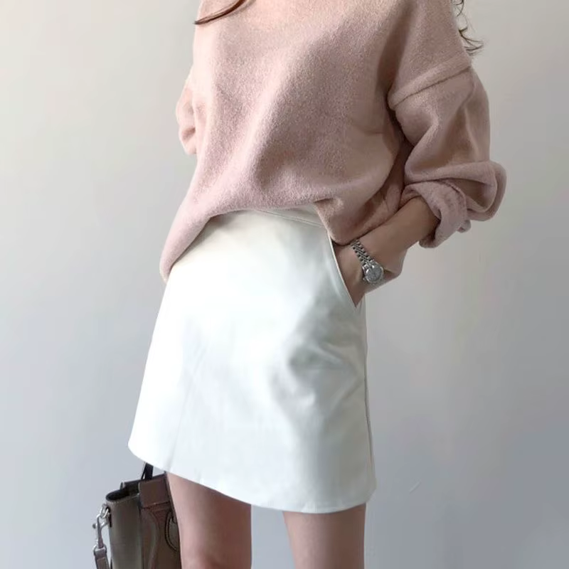 Ulzzang – jupes taille haute pour Femme, tenue de bureau, couleur unie, blanc, tendance, confortable