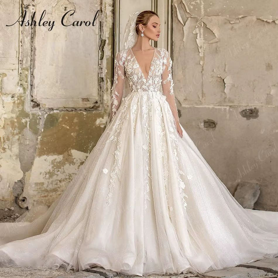 Ashley Carol robe De mariée à manches longues Sexy col en v Appliques scintillant Tulle charmante ro