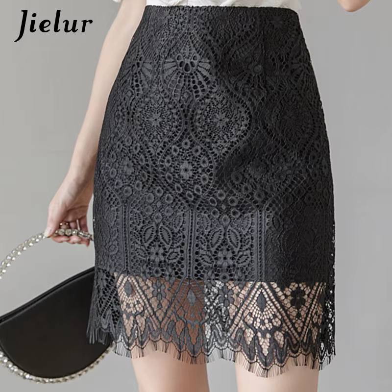 Jielur-Mini jupe en dentelle, couleur unie, taille haute, chic, fermeture éclair, été, automne