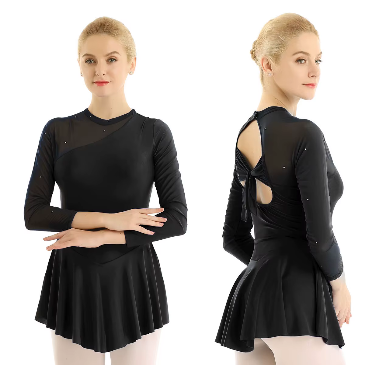 Robe de danse de ballet pour femme adulte, à manches longues, col halter, dos nu, pour patinage arti