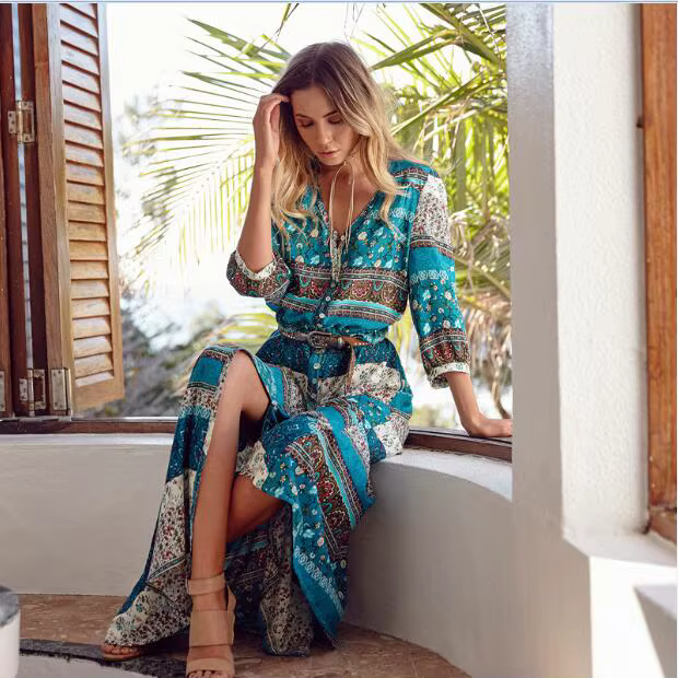 Robe bohème chic à imprimé floral pour femmes, tenue maxi longue, col en V, hippicopter, décontracté