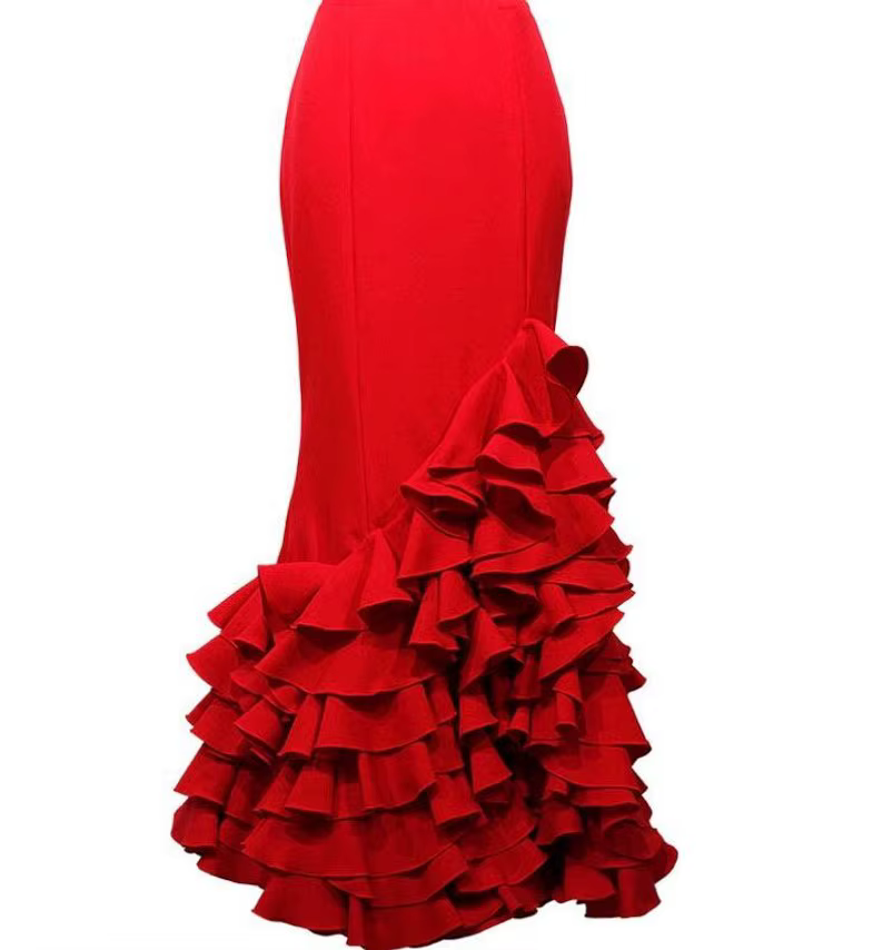 Jupes sirène rouge pour femmes, à volants, à la mode, longueur Maxi, sur mesure, jupes de fête éléga