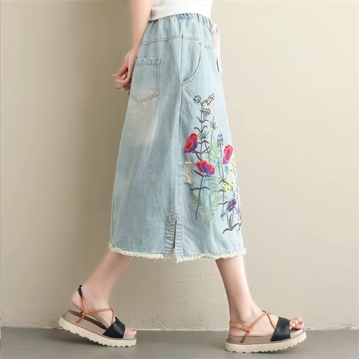 Jupe en jean taille élastique pour femmes-jupe longue brodée Vintage extensible confortable avec poc