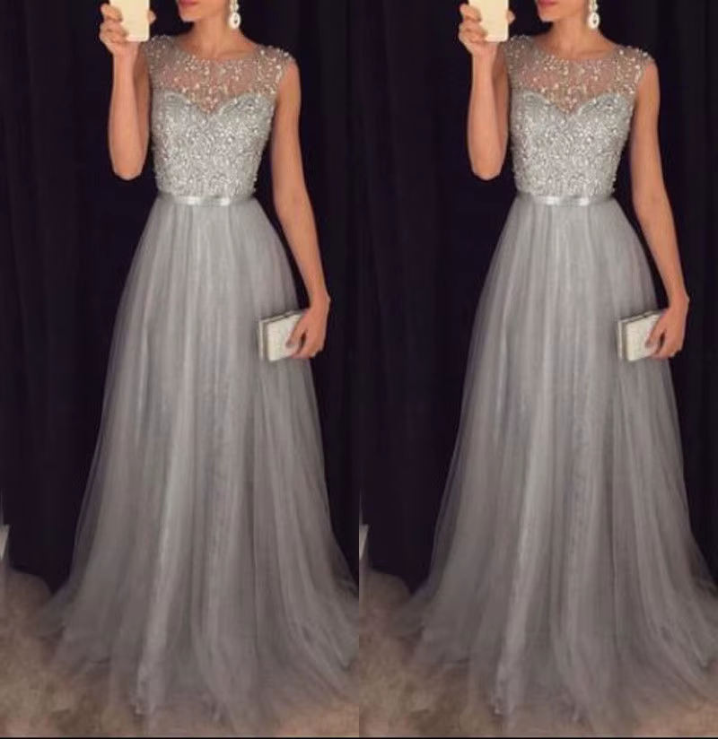 Robe de Soirée Longue en Dentelle pour Femme, Élégante, Col Rond, Paillettes, Demoiselle d'Honneur, 