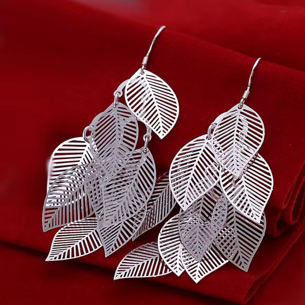 Boucles d'oreilles longues plaquées argent pour femmes, 9 feuilles fines creuses distribuées en 5 co
