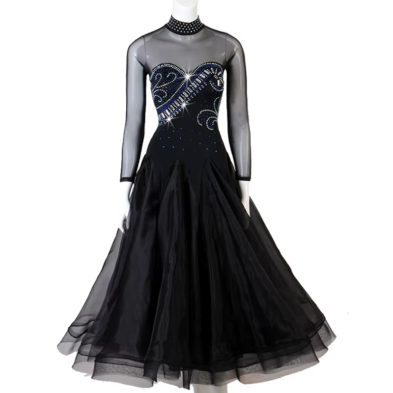 Robe de danse de salon standard pour femme, robe de compétition de salle de Rh, manches longues, des