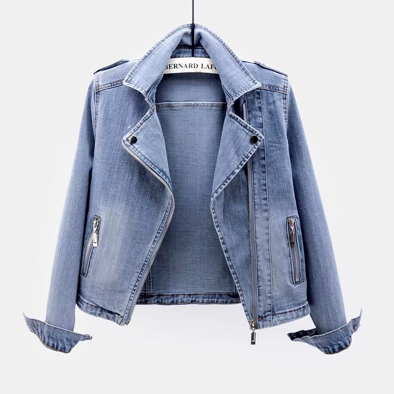 Veste courte en jean à manches longues pour femme, manteau de moto, fermeture éclair, vintage, mince