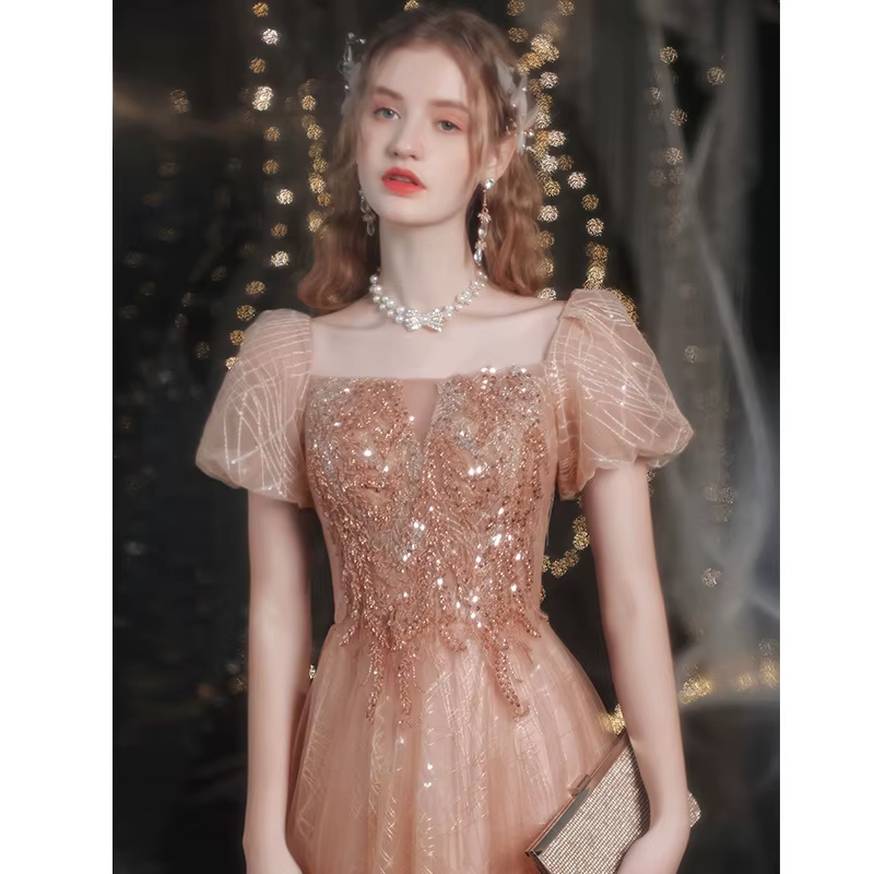 Robe de Soirée Dorée à Manches Bouffantes pour Femme, Tenue Formelle de Banquet, Personnalisée, Nouv