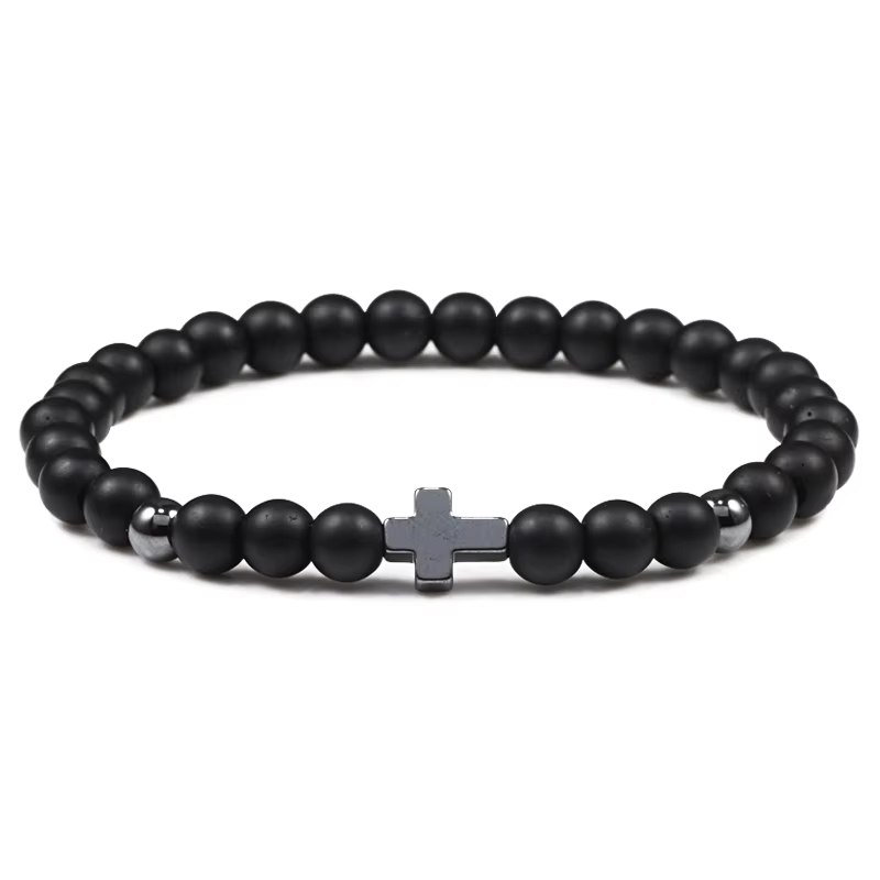 Bracelet en pierre de lave naturelle pour hommes et femmes, croix chaude, onyx, méditation, prière,