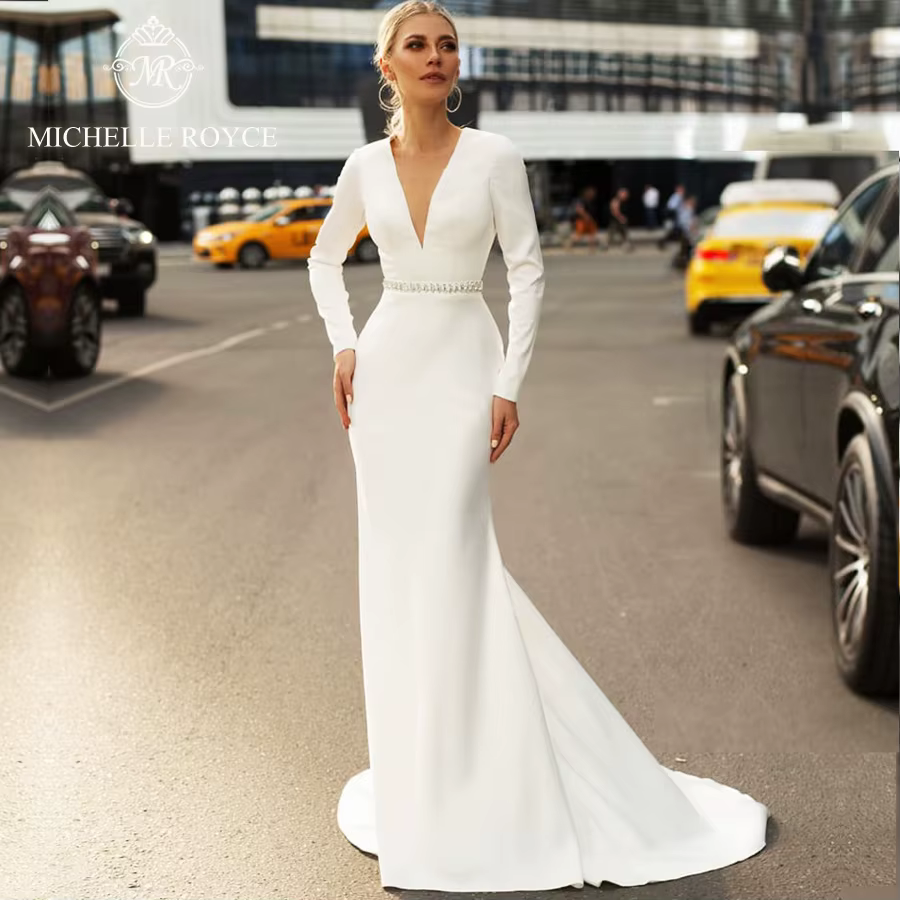 Michelle Royce manches longues sirène Satin robes De mariée Sexy col en v dos nu perlé Court Train r