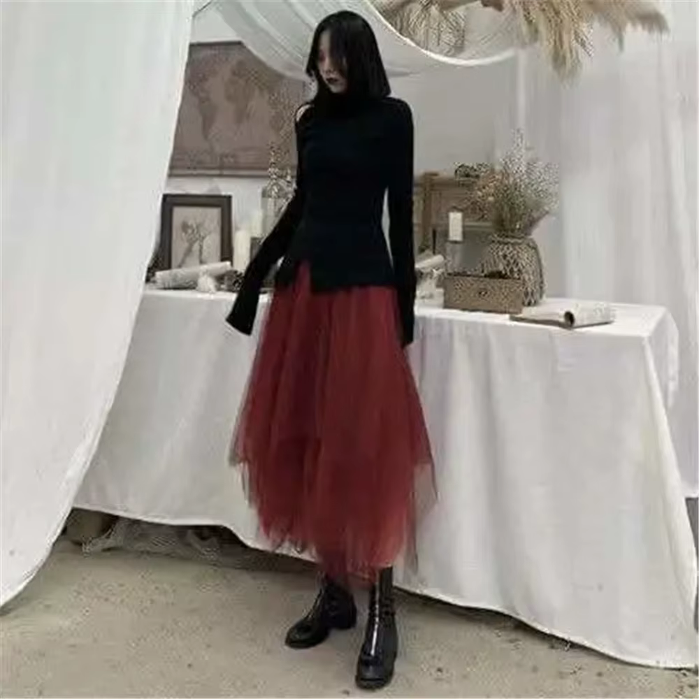 Jupes longues plissées irrégulières en tulle gris gothique, taille haute élastique, jupes mi-longues