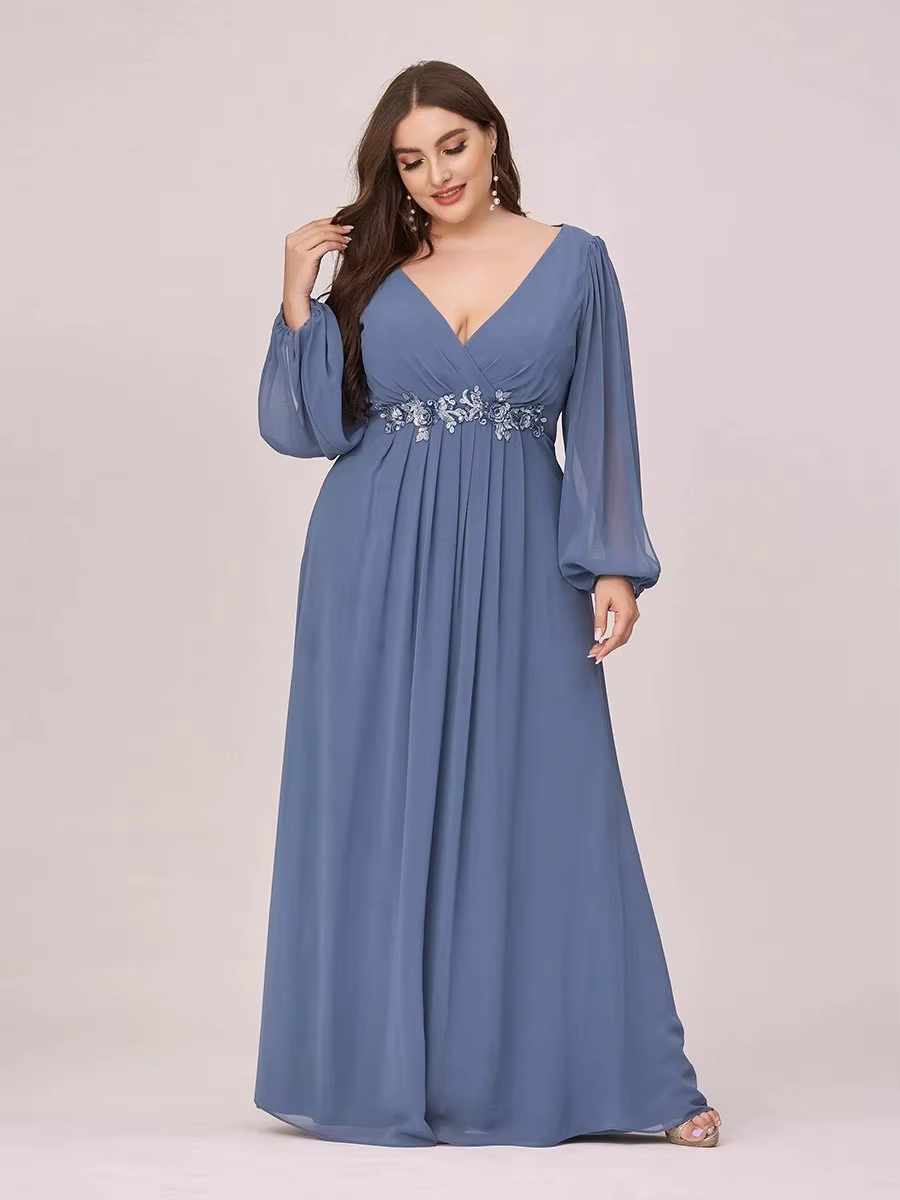 Robes de soirée grande taille, col en V, manches longues, coupe trapèze, longueur au sol, Ever Prett