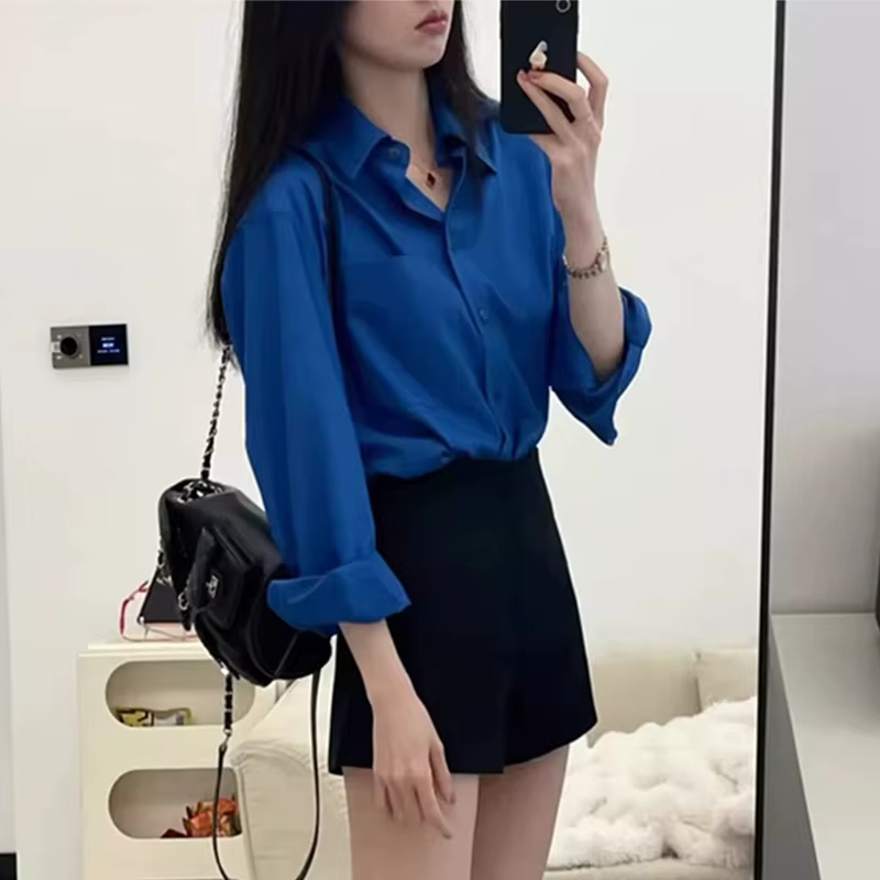 Chemise bleue amincissante à manches longues pour femmes, chemisier décontracté de Style de rue, cou