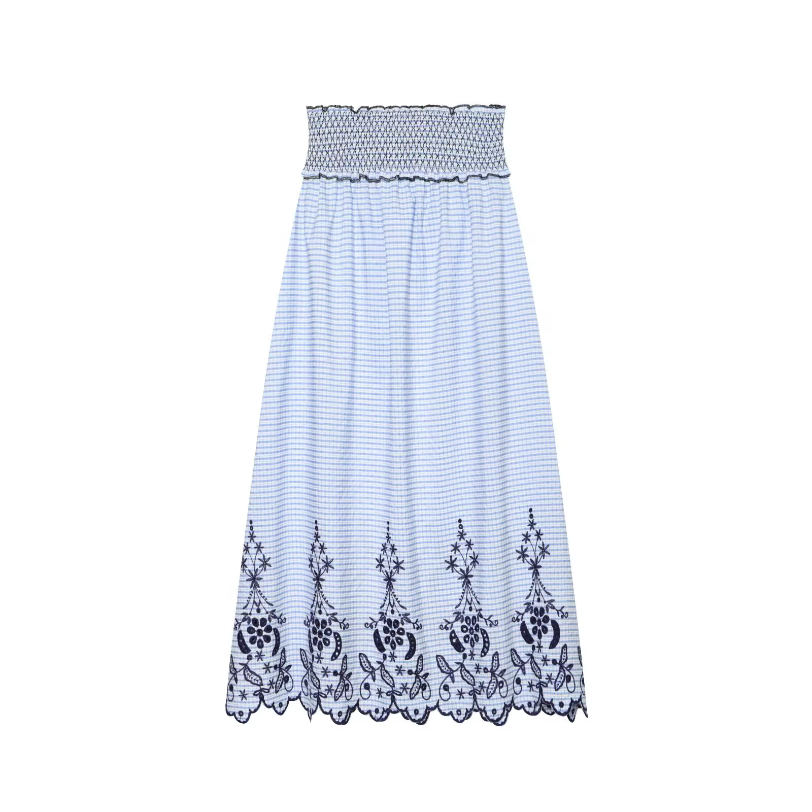 Jupe élégante bleue à carreaux pour femme, taille haute, broderie florale smockée, ourlet festonné, 