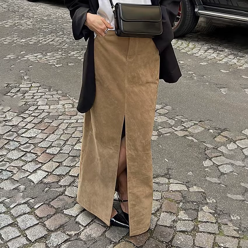 2025 hiver classique tricoté daim taille haute mince jupe droite européenne et américaine polyvalent