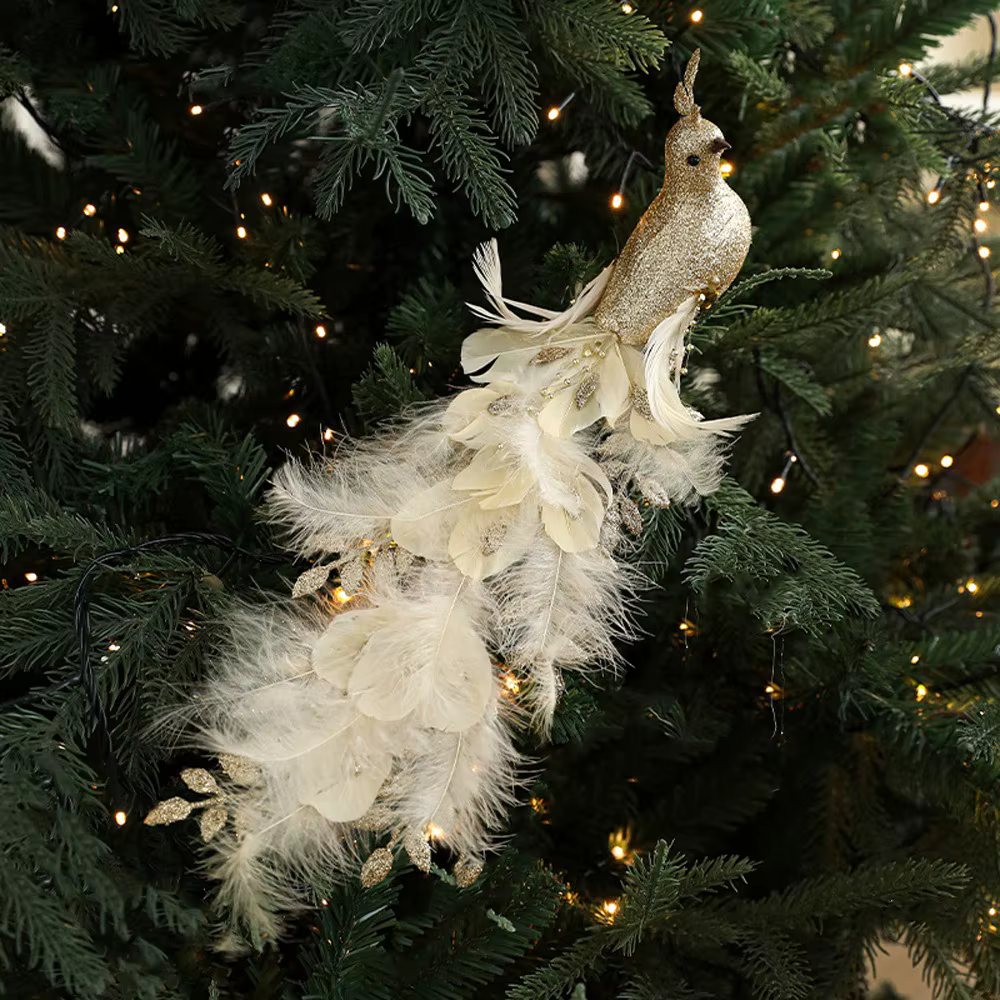 Ornements de paon de noël à longue queue, Figurine d'oiseau de paon réaliste faite à la main, plume 