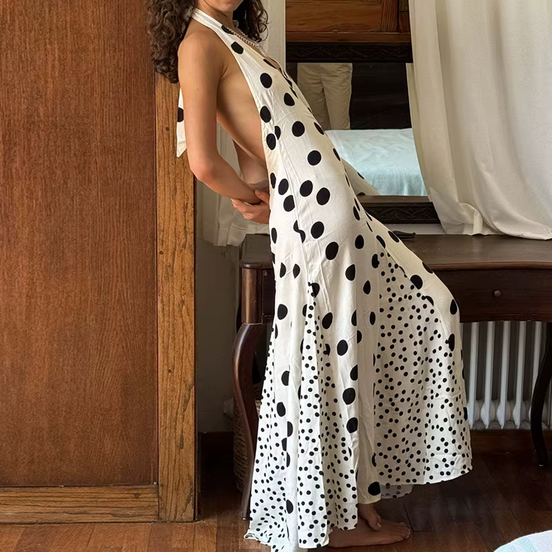 Robe d'été imprimée à col suspendu, coupe basse, imprimé Floral, sans manches, ajourée, longue, rétr
