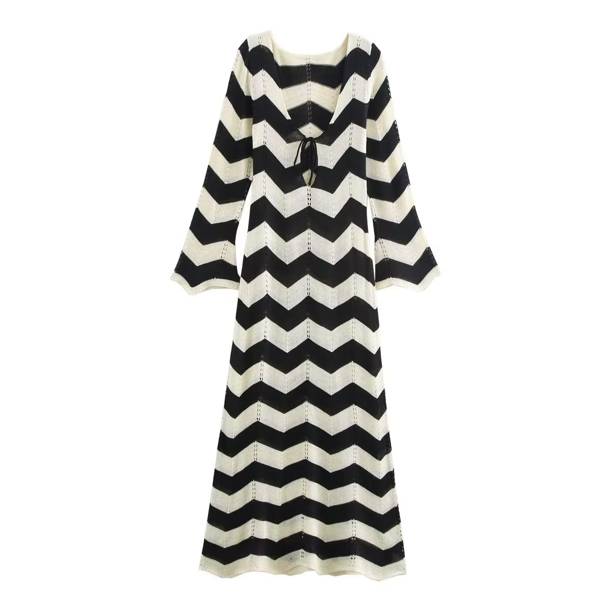 Robe midi élégante à manches longues, nouvelle mode féminine 2025, motif vague transfrontalier, cein