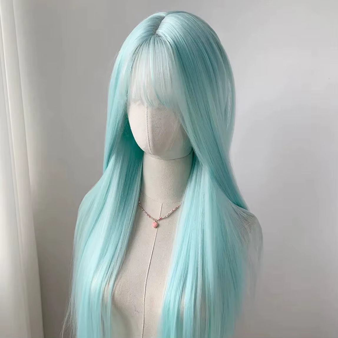 Perruque Longue et Lisse avec Frange Fendue pour Femme, Couleur Menthe, Bleu, Vert, Rose, Or, Ultrav