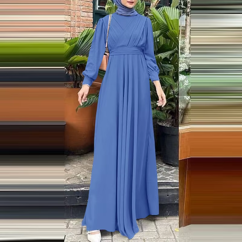 ZANZEA musulman Hijabs femmes Maxi Robes longues modeste à manches longues noué taille a-ligne robe 