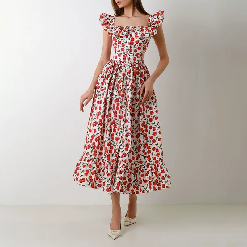 Robe longue Chic imprimée à volants pour femmes, élégante, manches volantes, simple boutonnage, Slim