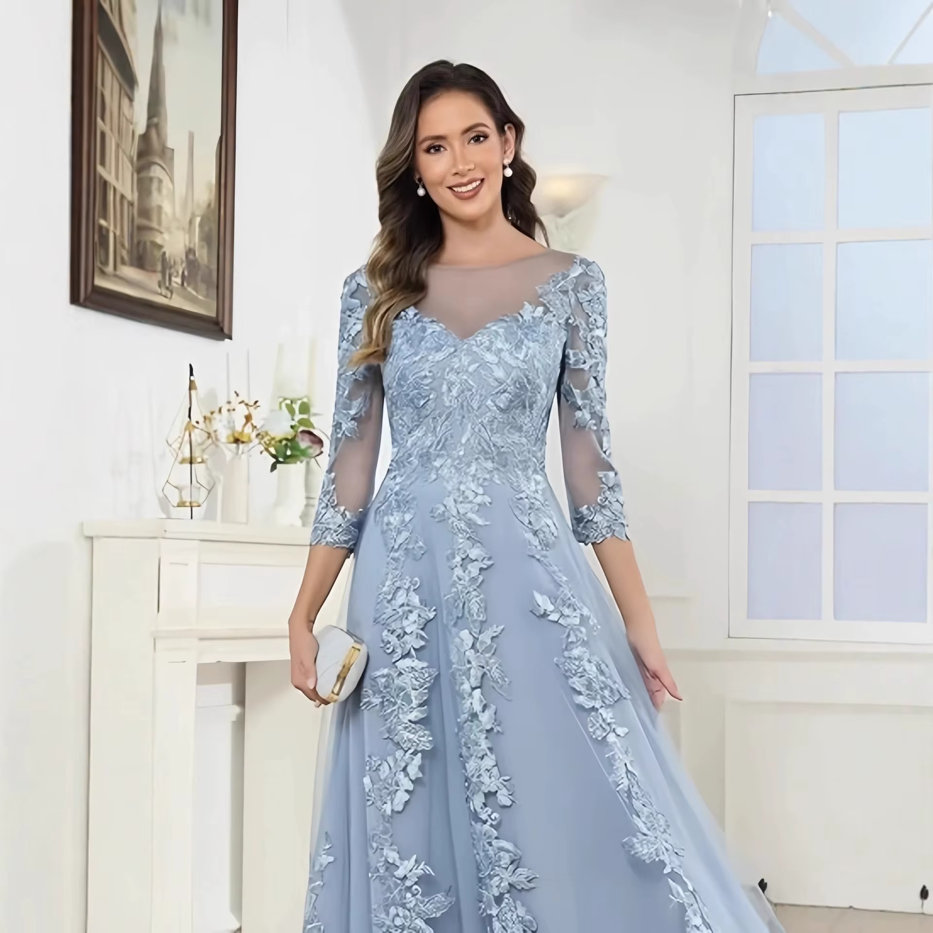 Robe de Demoiselle d'Honneur Personnalisée à Manches Mi-Longues avec Appliques en Dentelle, Robe de