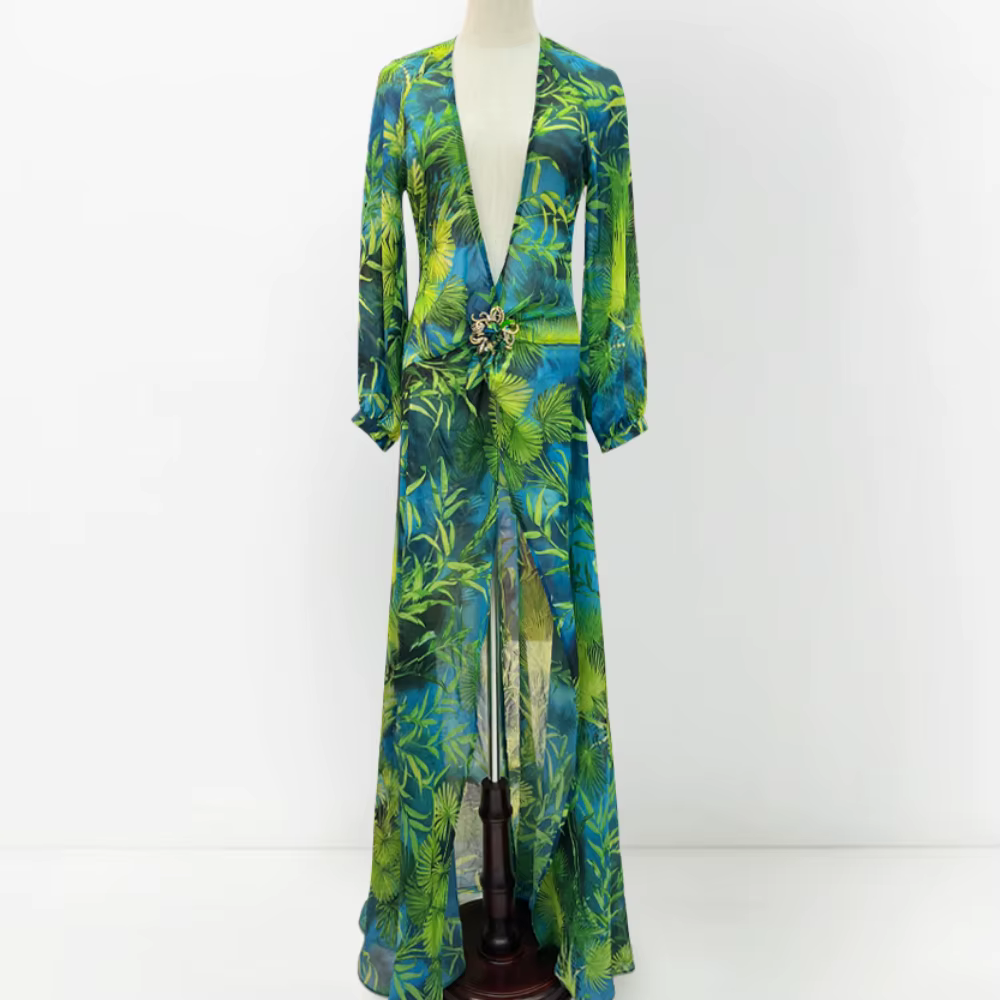 Robe Longue Verte Imprimée, Décolmétrage en V Profond, Amissié au Dos, avec lèvent Bijoux, Jupe de B