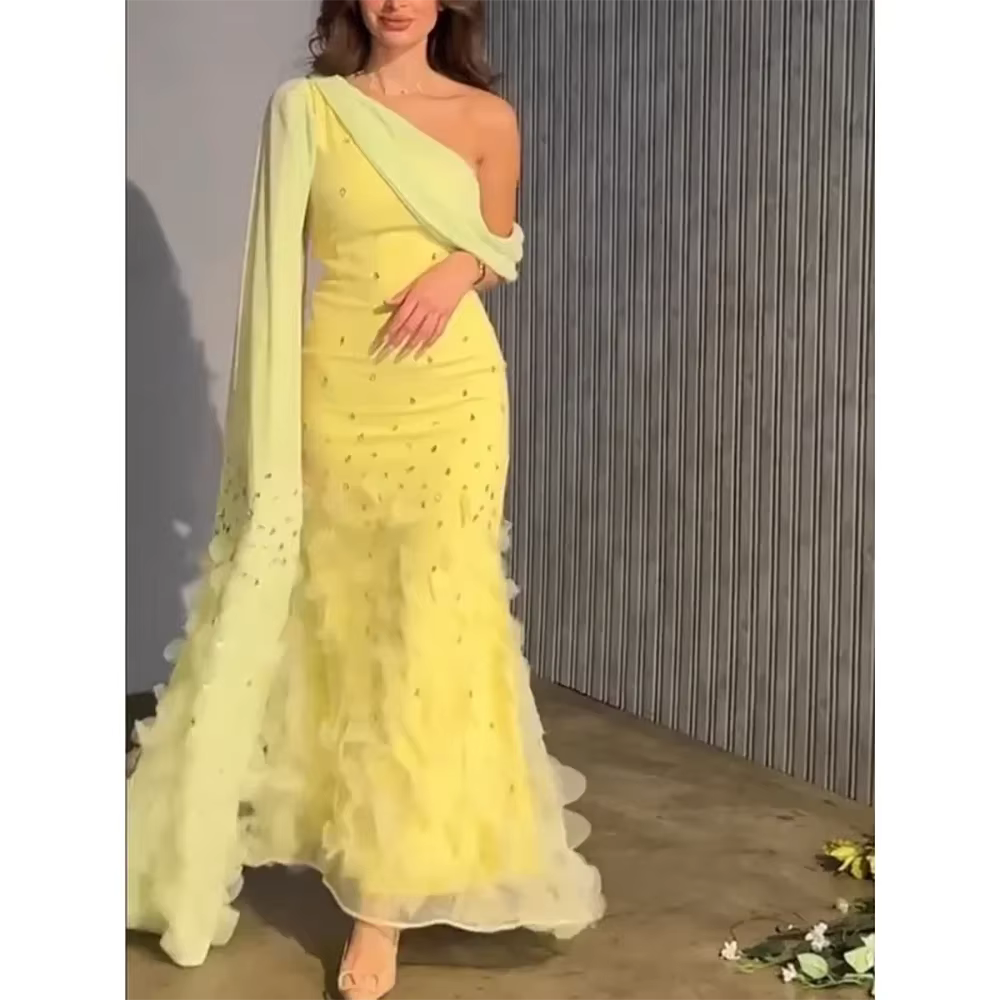 Robe de Soirée Élégante en Dentelle à Volants pour Femme, Extra Longue, Personnalisée, Bal de Promo,