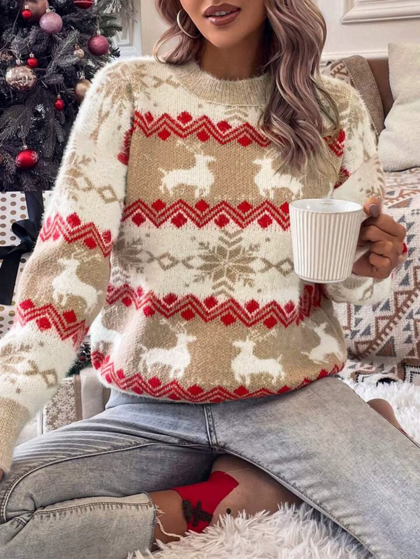 Pull en tricot imprimé renne de noël pour femmes, col rond, décontracté, manches longues, vacances, 
