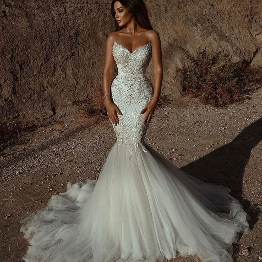 Robe de mariée sirène en dentelle perlée blanche et ivoire pour femmes, longue robe de mariée de lux