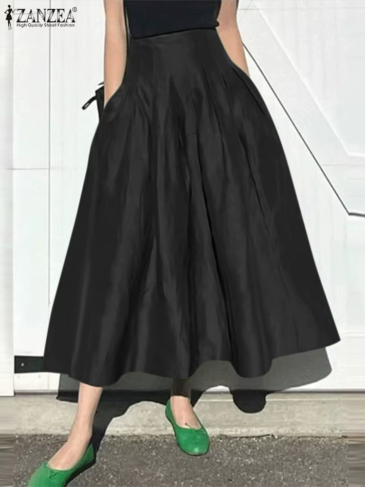 Mode femmes jupes longues ZANZEA été solide Jupe plissée Eelgant une ligne fête travail robes taille