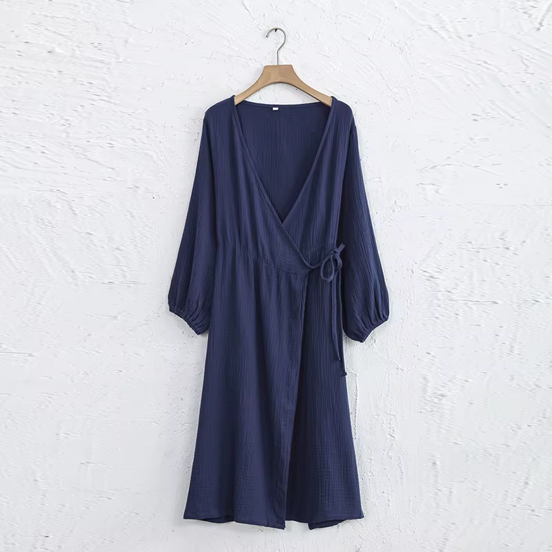 Robe longue en mousseline de coton 100% pour femme, sexy, col en V, à bandages, manches longues, rob