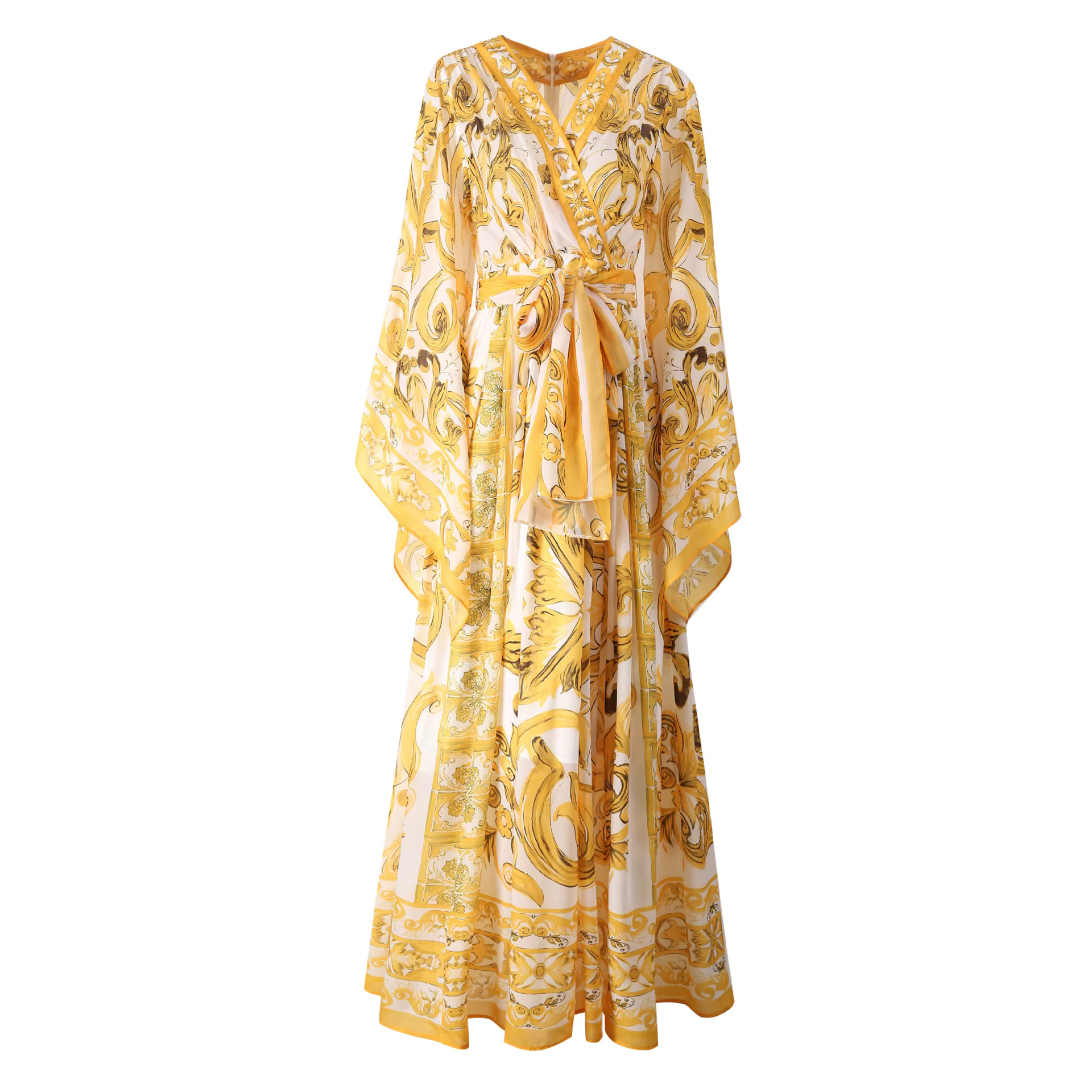 Wein Lady – robe longue en mousseline de soie imprimée, grande balançoire, col en v, manches volante