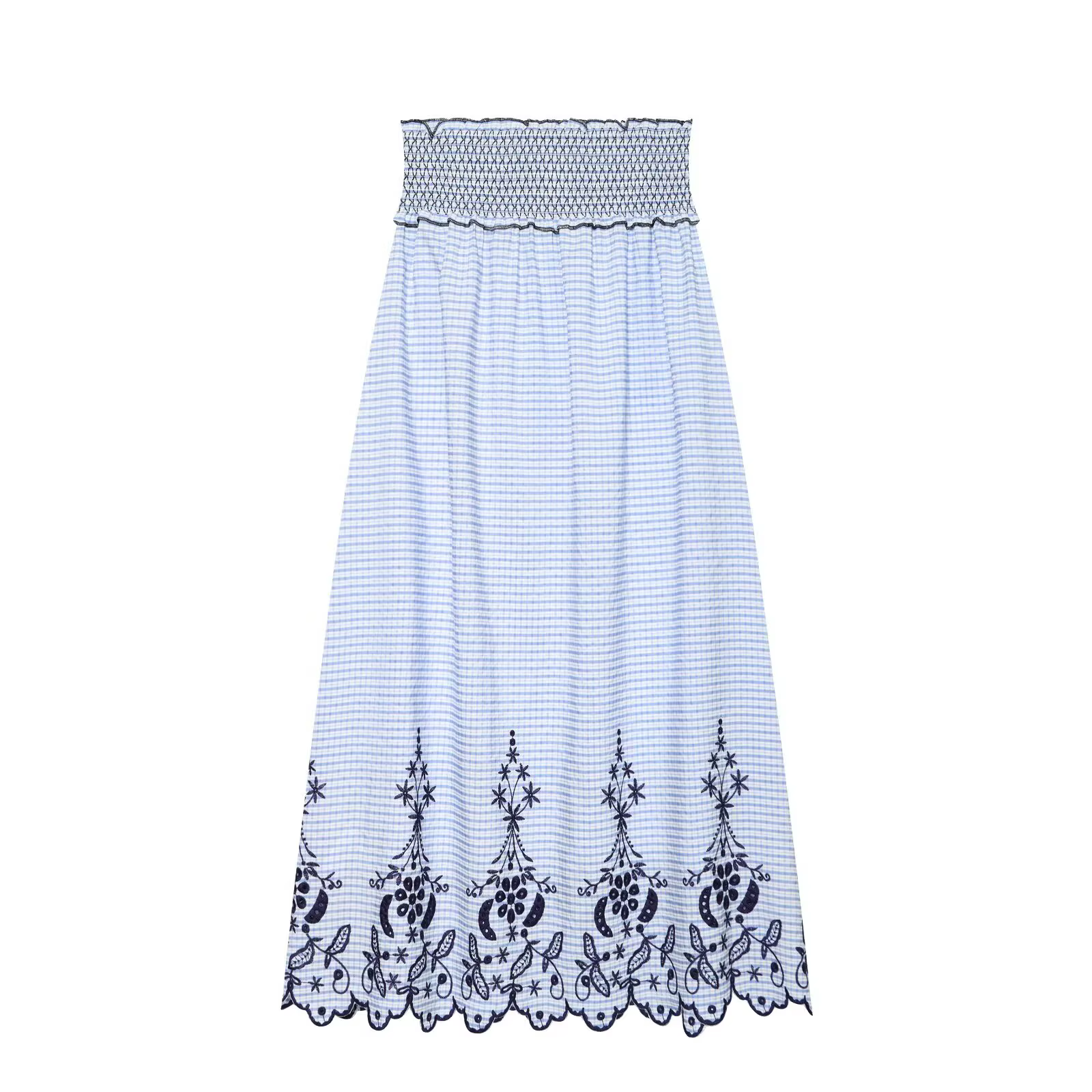 Jupe longue maxi bohème à carreaux HH, taille élastique smockée, broderie florale ajourée, idéale po