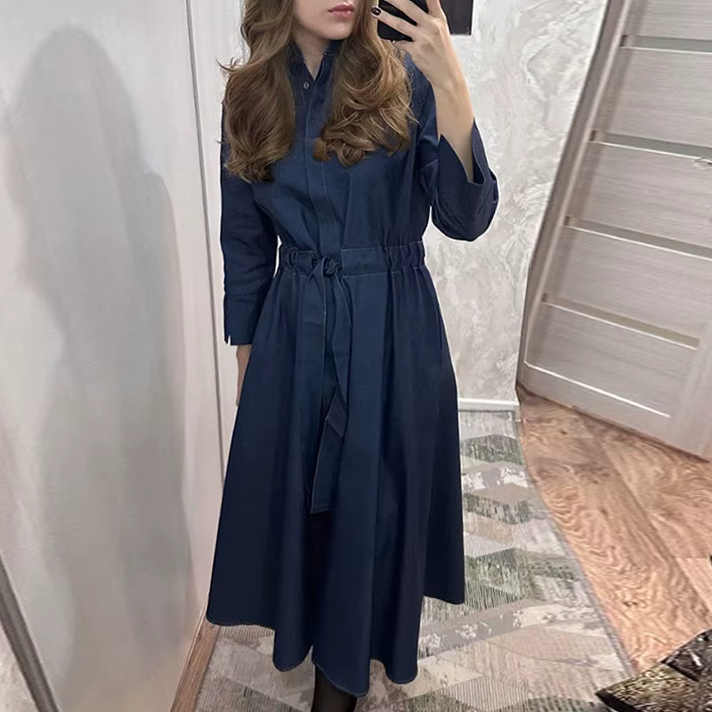 Mode Denim Robe longue pour les femmes à manches longues à lacets taille cintrée simple boutonnage R