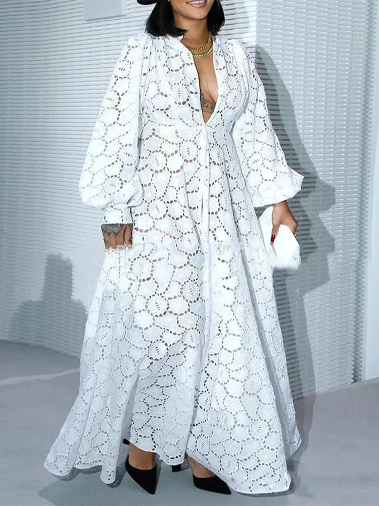 Robe longue blanche élégante pour femmes, ample, décontractée, mode, ajourée, manches longues, grand