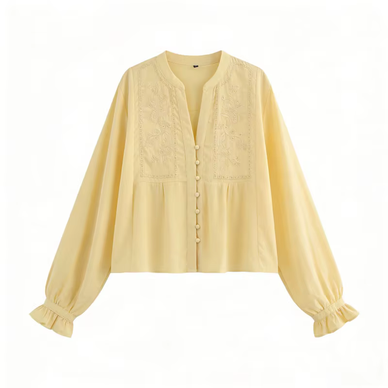 Chemisier brodé jaune HH pour femme, manches longues, col en V, boutonnage frontal, haut à volants,