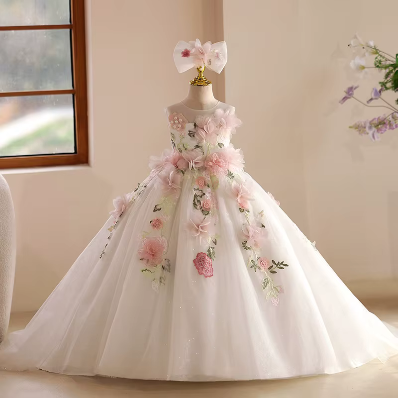 Robe longue à fleurs de Style français pour filles, tenue d'hôte, Costume de concours de Piano pour