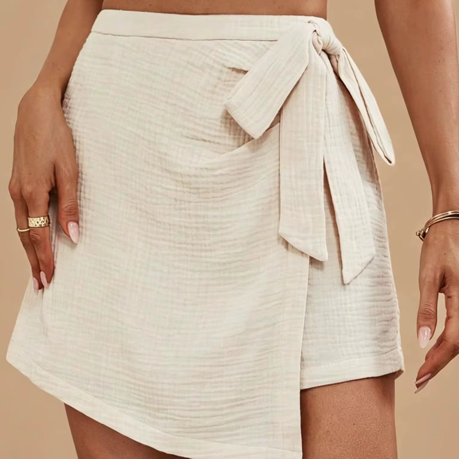 Jupe-short enveloppante pour femme | Jupe-short en gaze de coton taille haute | Jupe-short décon