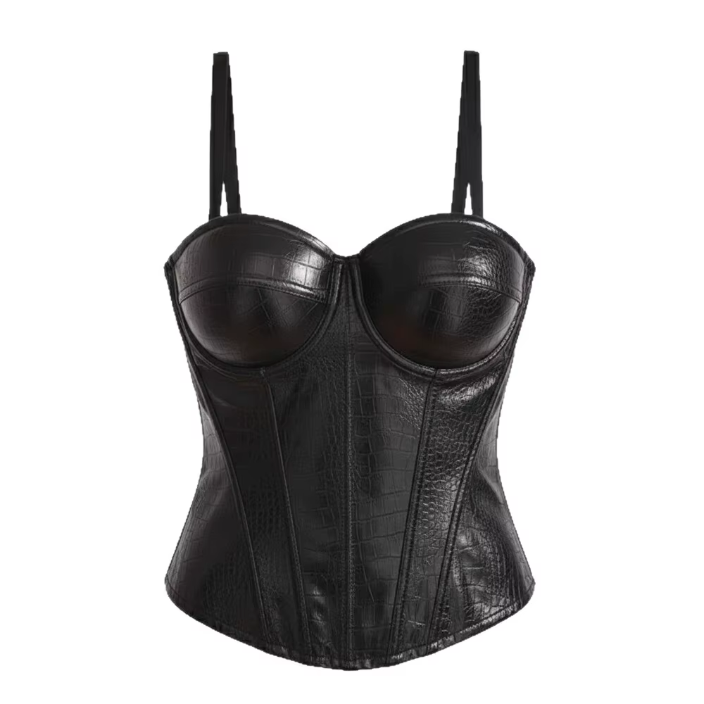 Corselet en cuir PU noir Vêtement pour femme : Corset sexy européen style streetwear à décolleté