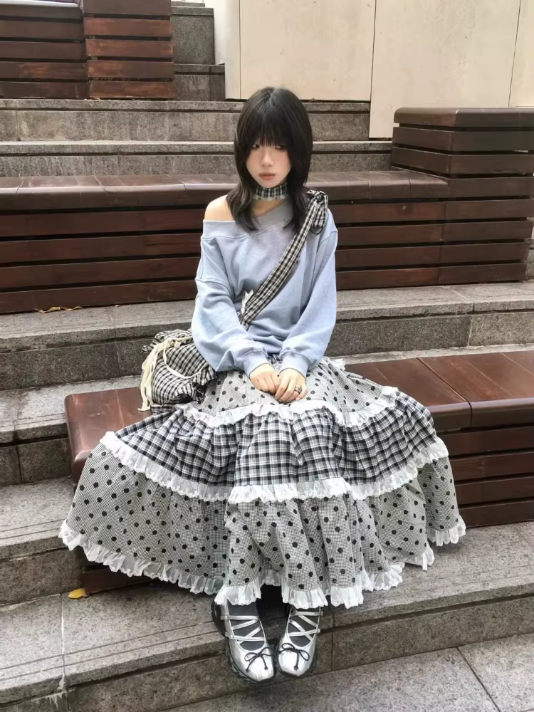 Jupe à pois pour femmes, Design gris esthétique, rétro américain, mignon, ligne a, dentelle, vêtemen
