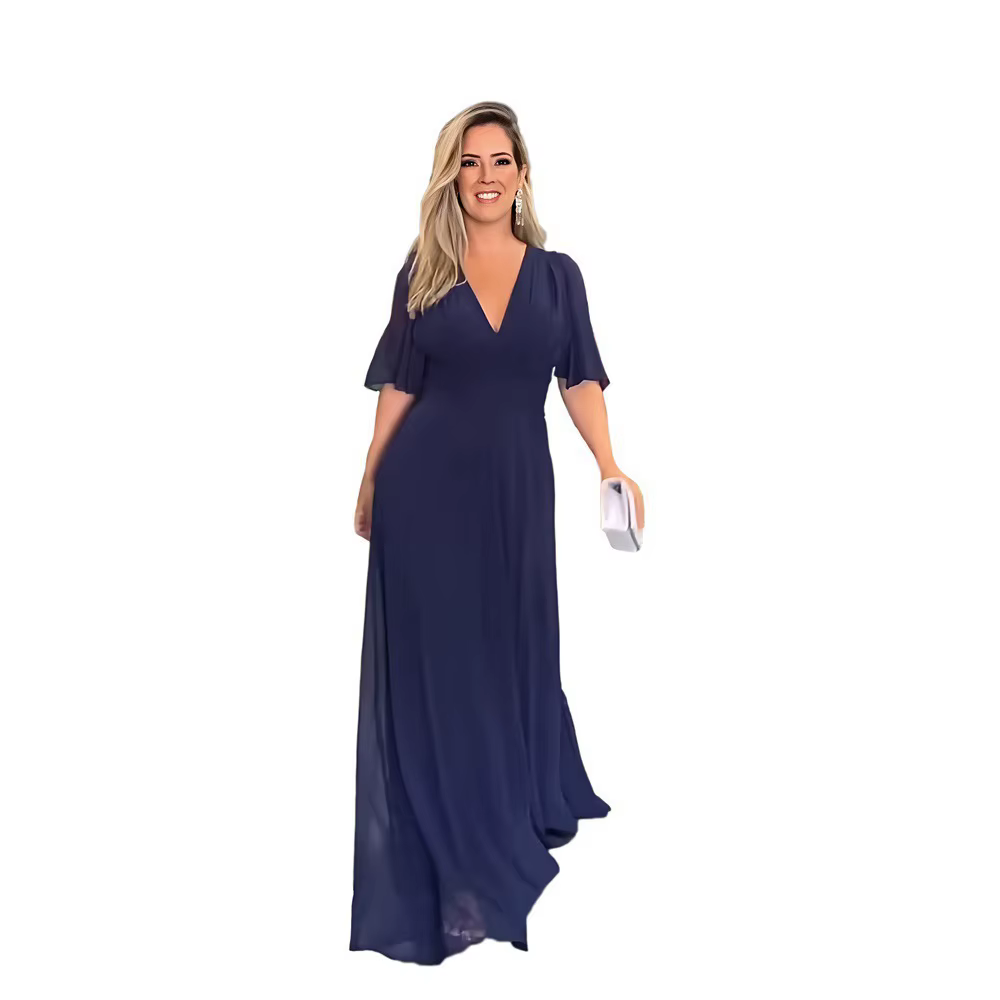 Robe tunique élégante à col en V long avec fente et manches cloche en mousseline de soie, style mono