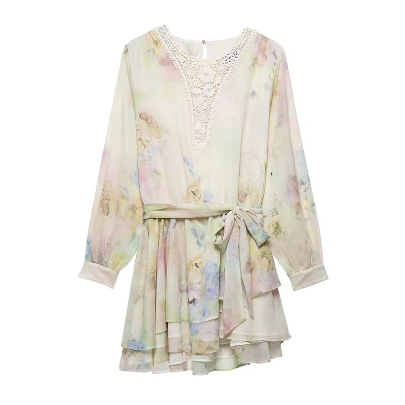 Robe élégante en mousseline de soie, imprimé Floral, dentelle, col en v, manches longues, ceinture,